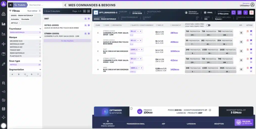Capture d’écran du module Besoin Fournisseur avec liste des produits, quantités, stocks et optimisation de commande pour l'optimisation des approvisionnements fournisseurs avec l’IA, pour des prévisions fiables et une gestion plus performante.