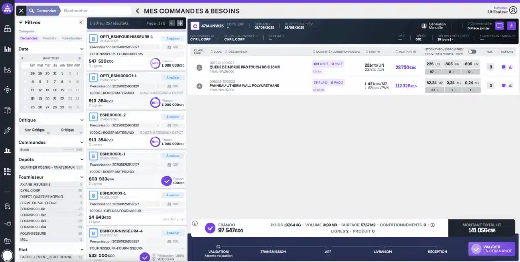 Gestion des commandes fournisseur avec suivi des statuts, réceptions et approvisionnements