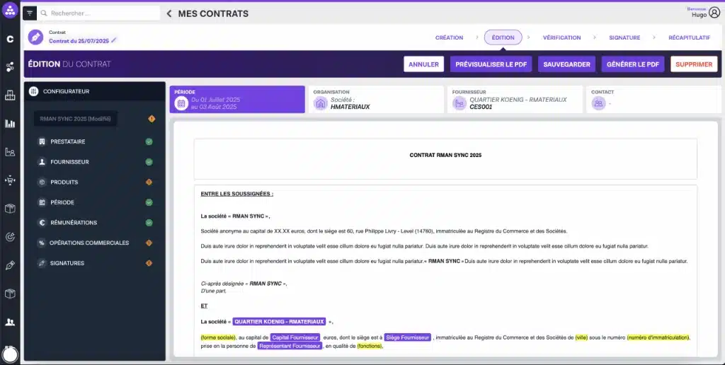 Interface Achat Renovatio de gestion des contrats fournisseurs avec édition, configuration et génération PDF